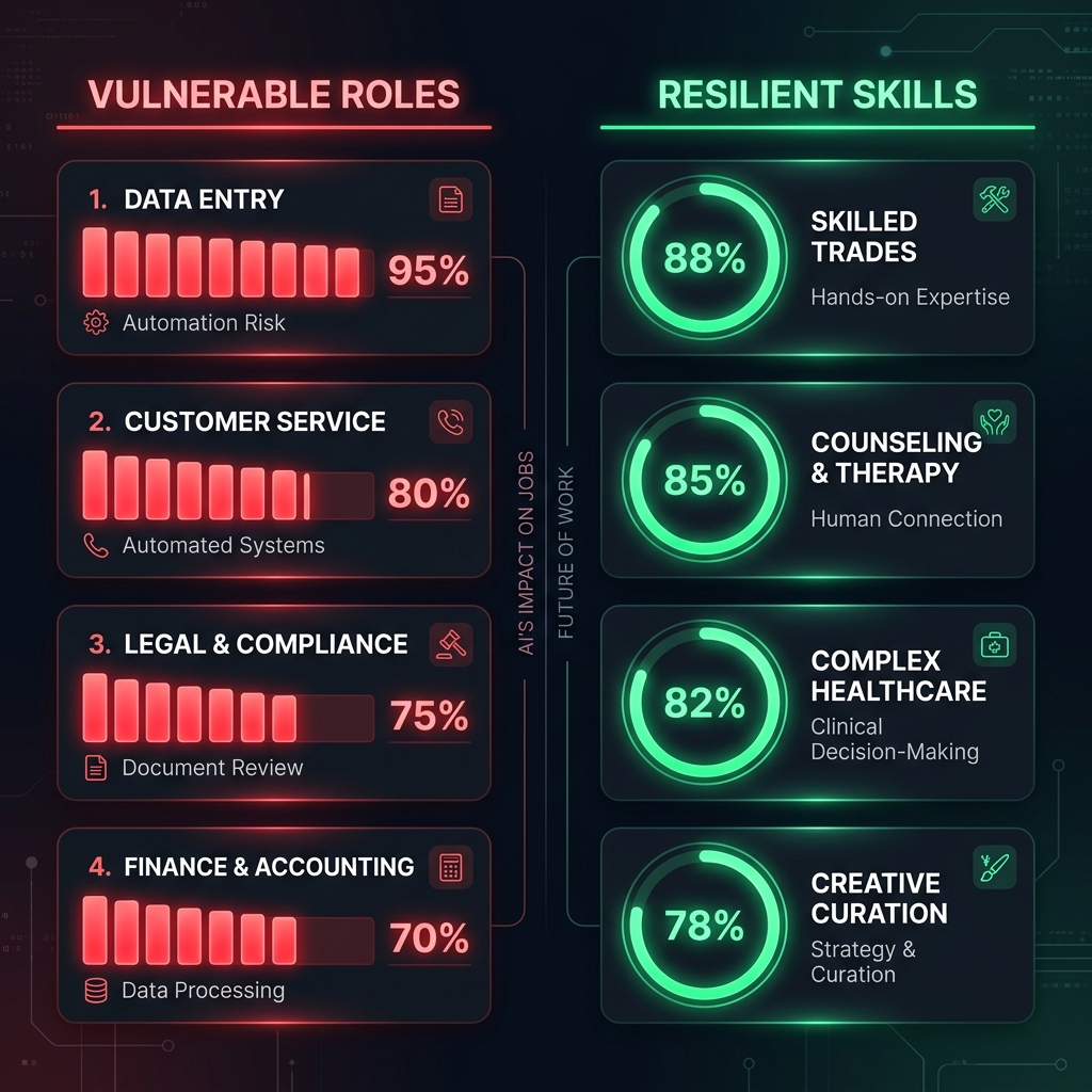 Infographic detailing high-risk roles versus resilient skills and careers safe from AI automation
